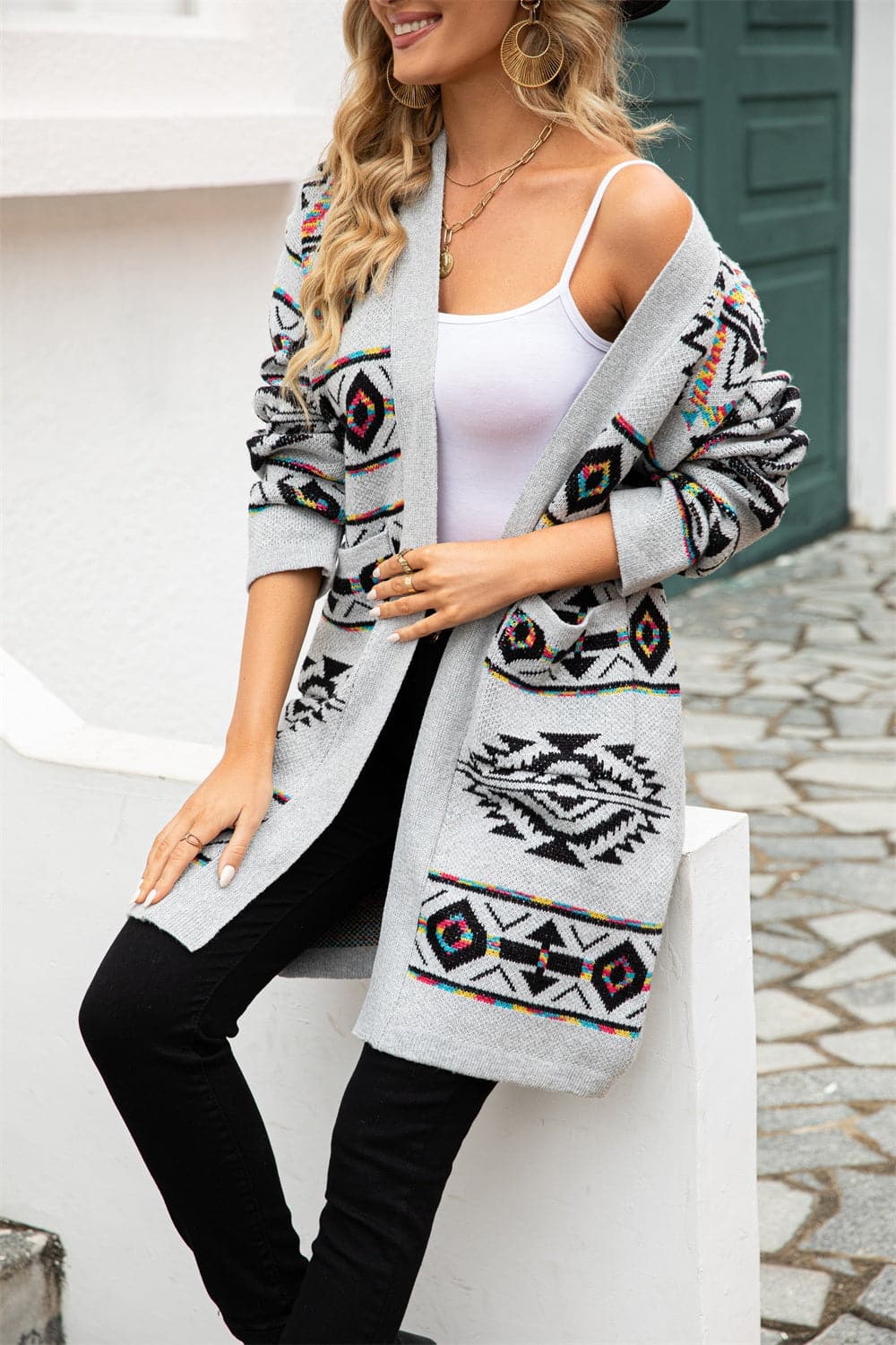 Pocketed Geometric Open Front Dropped Shoulder Cardigan.