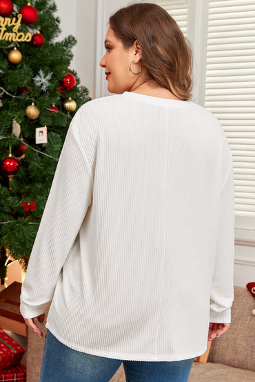 Chic white ribbed long sleeve plus size t-shirt with pocket detail