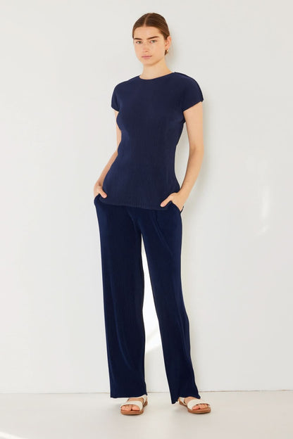 Ribbed Pleated Wide-Leg Trousers with Elastic Waist