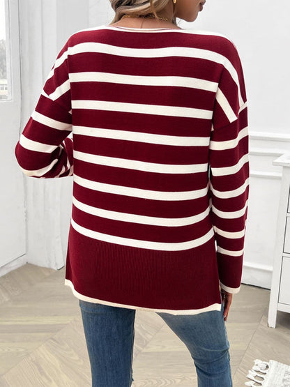 Striped V-Neck Long Sleeve Knit Top.