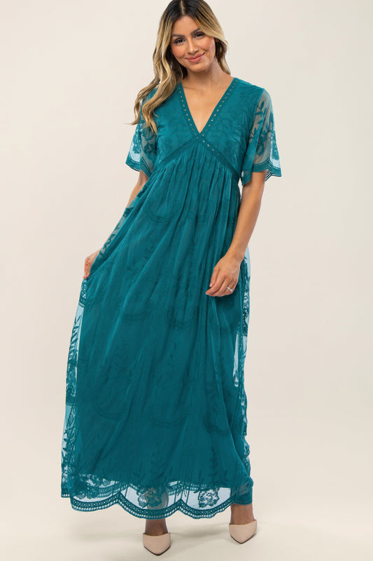 Teal Lace Mesh Overlay Maxi Dress PinkBlush