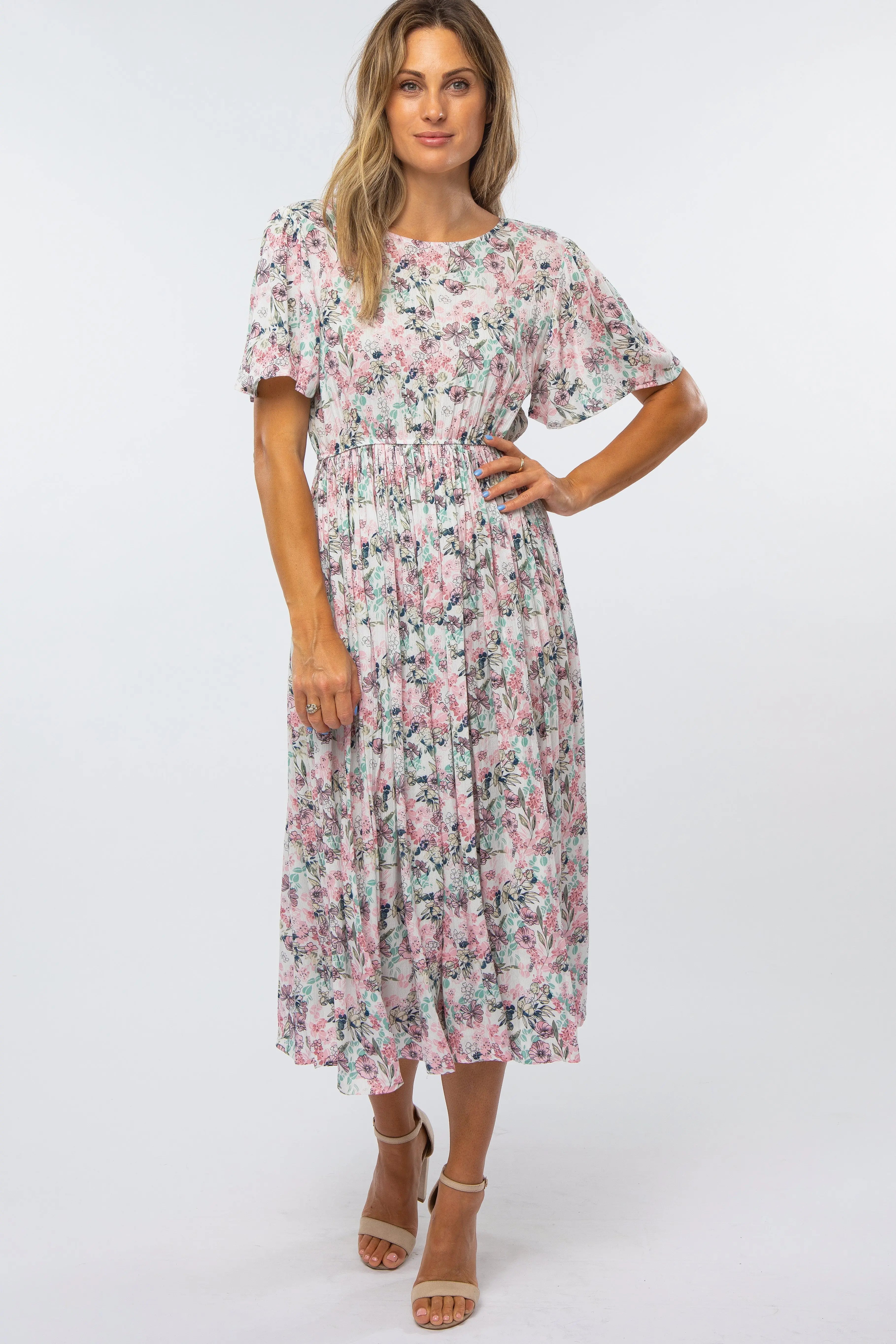 Pink Floral Pleated Midi Dress With Flutter Sleeves PinkBlush
