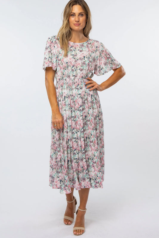 Pink Floral Pleated Midi Dress With Flutter Sleeves PinkBlush