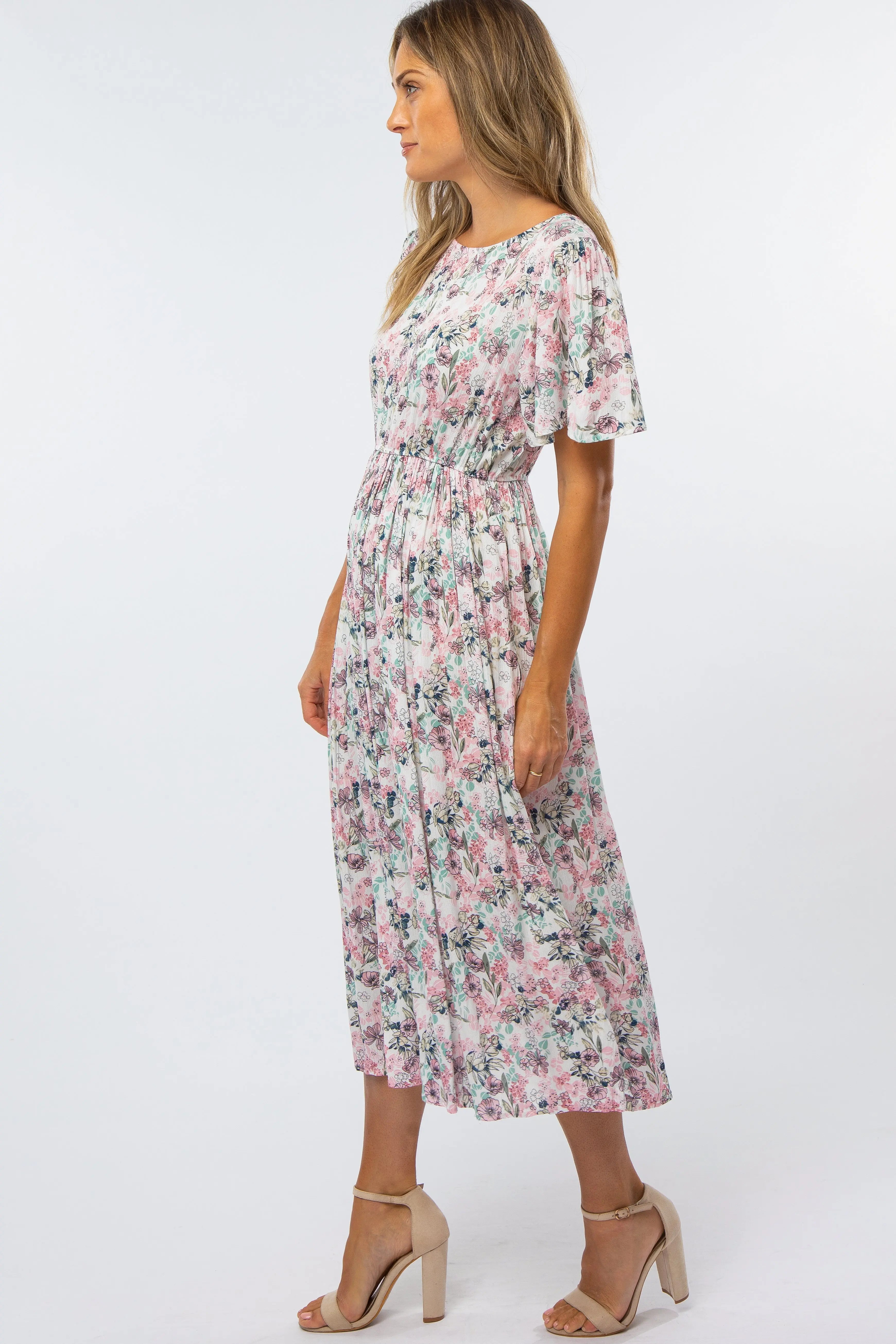 Pink Floral Pleated Midi Dress With Flutter Sleeves PinkBlush