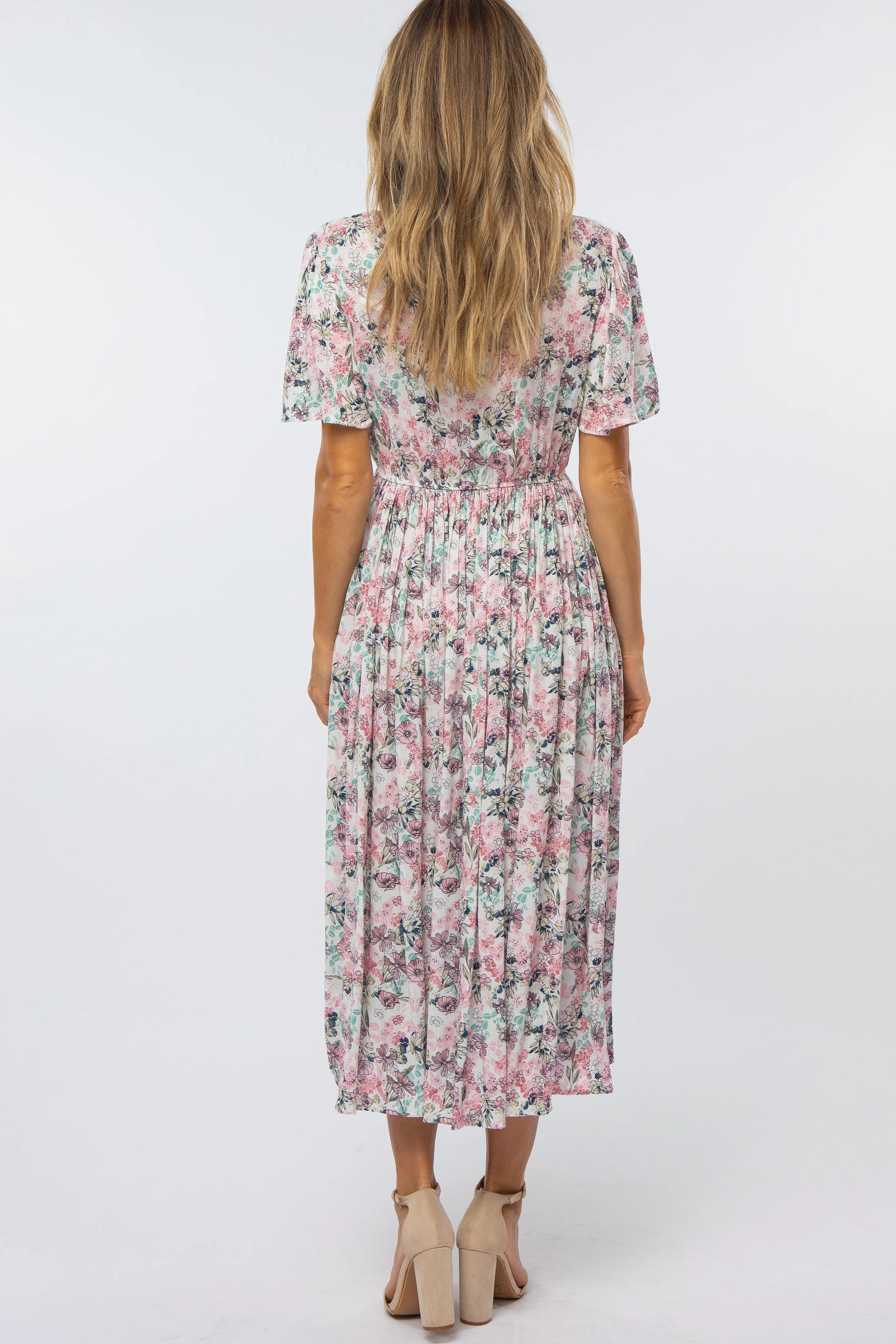 Pink Floral Pleated Midi Dress With Flutter Sleeves PinkBlush