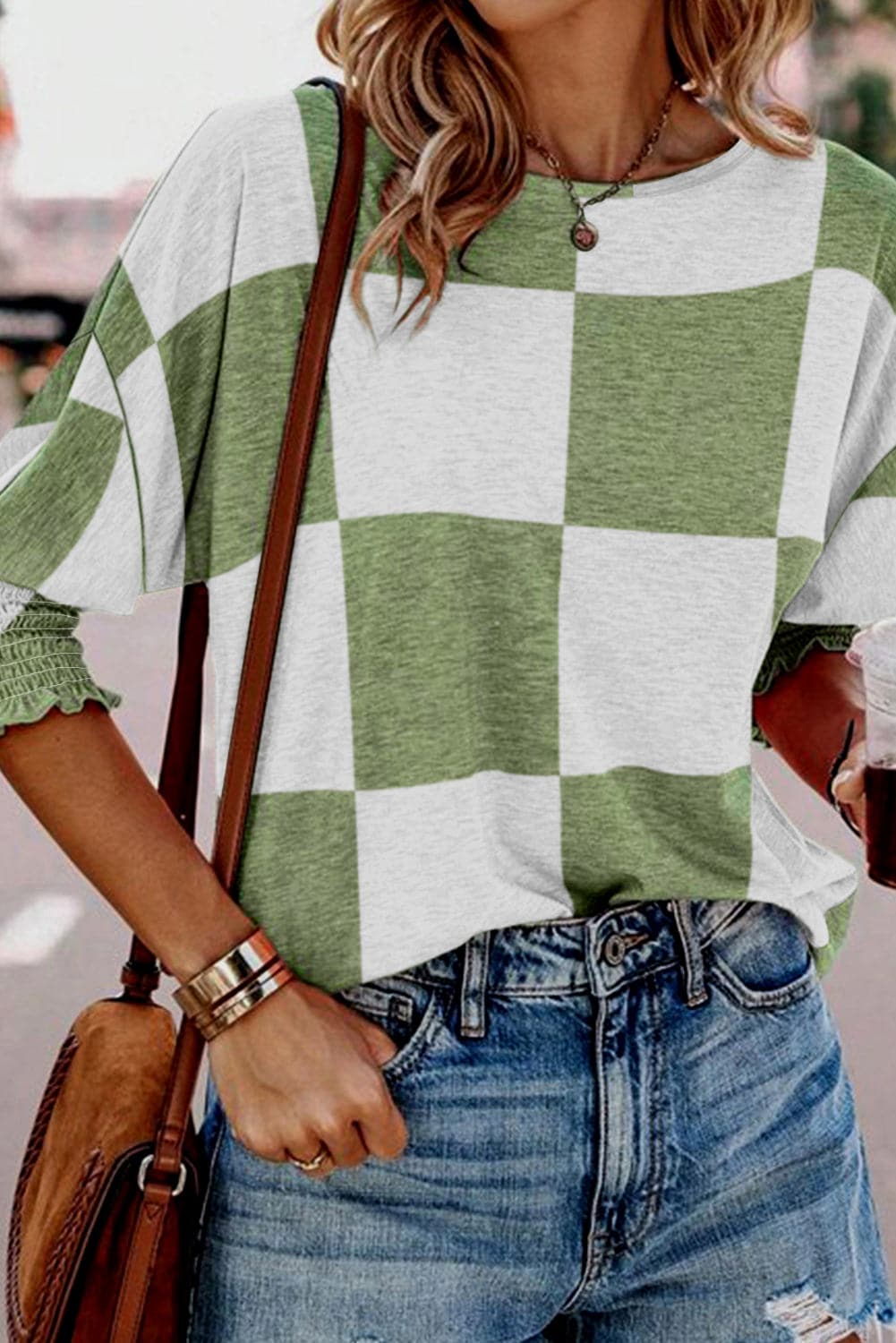 Checkered Round Neck Lantern Sleeve Top.