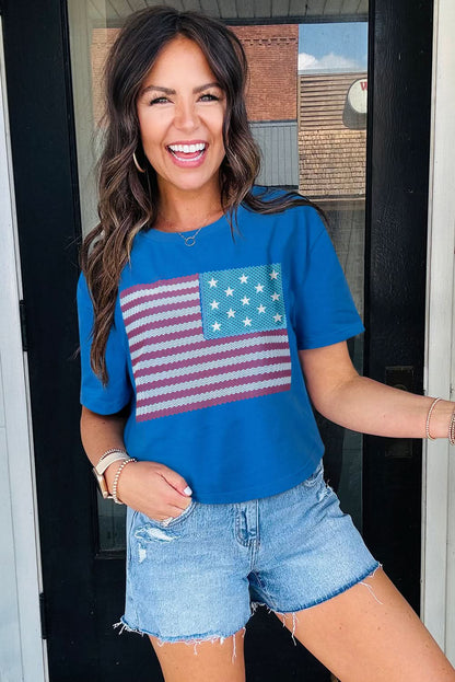 Teal American Flag Crew Neck Short Sleeve Tee