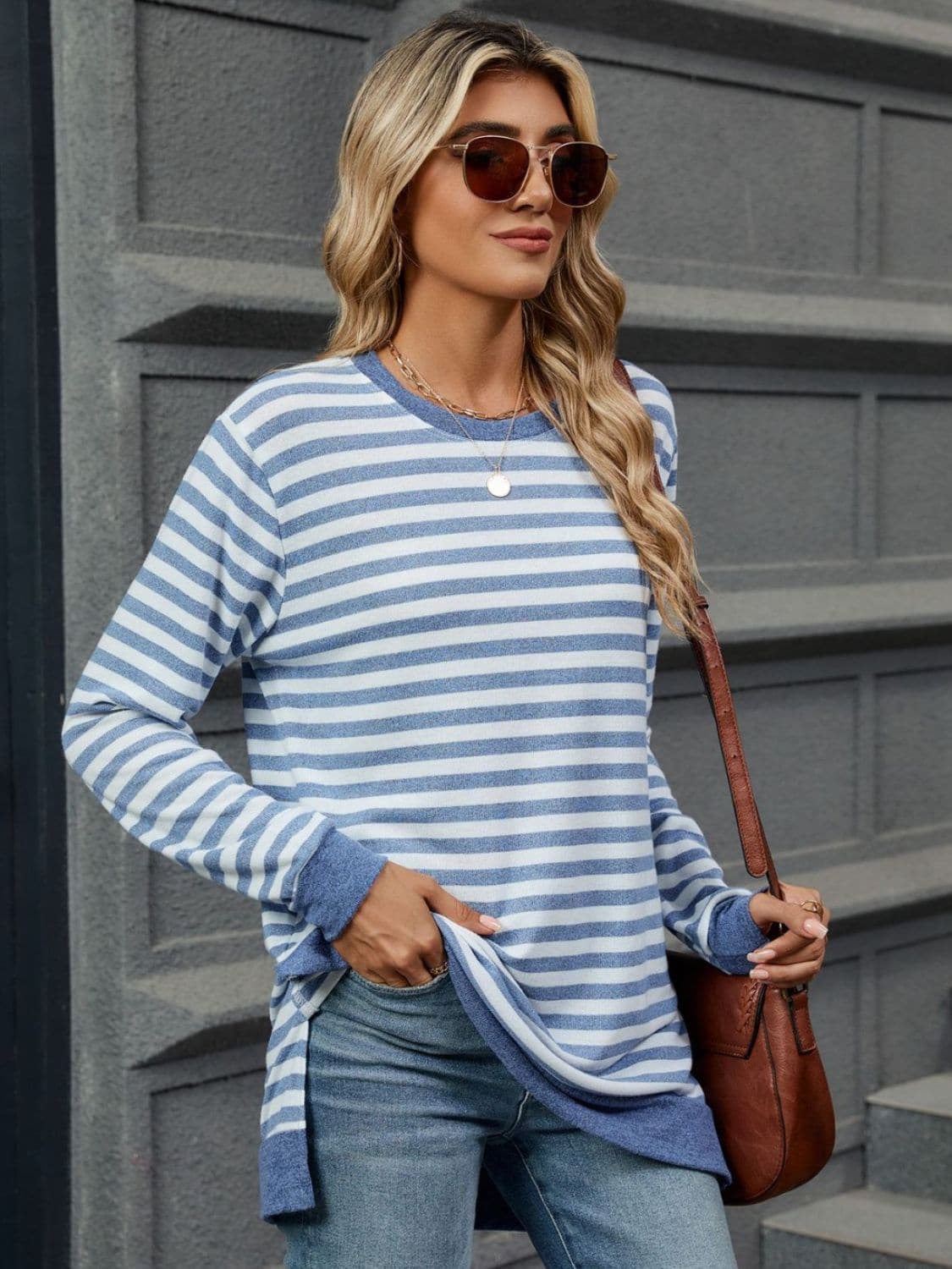 Striped Round Neck Long Sleeve T-Shirt.