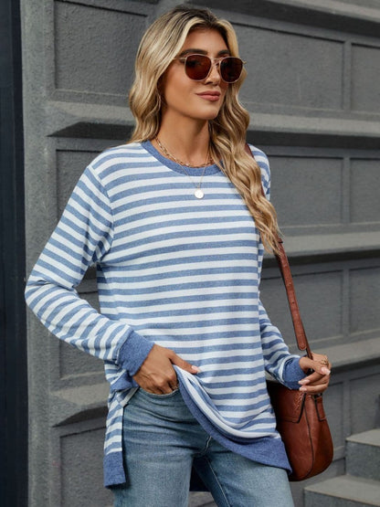 Striped Round Neck Long Sleeve T-Shirt.