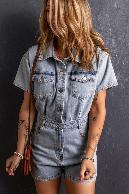 Light Blue Vintage Washed Buttons Pocketed Denim Romper