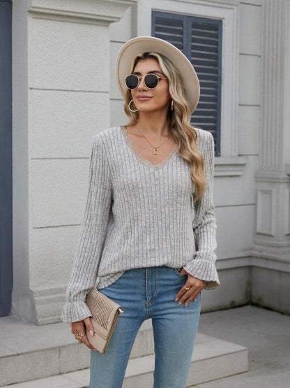 Lace v-neck long sleeve top