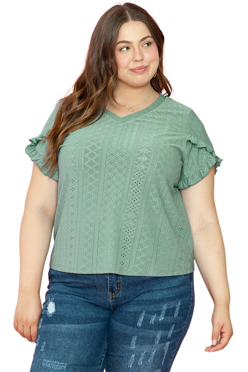 Laurel Green floral sleeve jacquard V-neck blouse for curvy figures