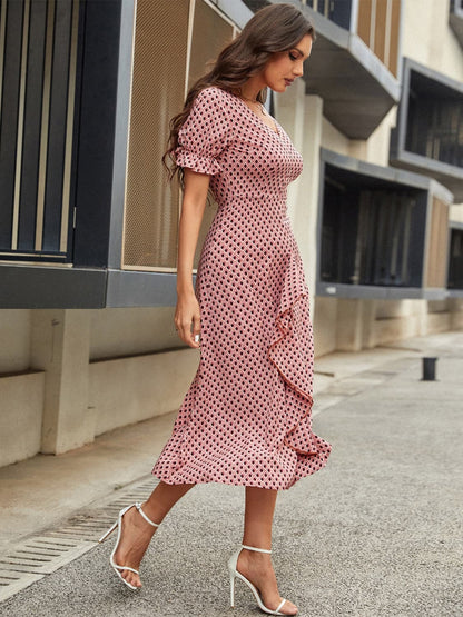 Printed V-Neck Flounce Sleeve Midi Dress.