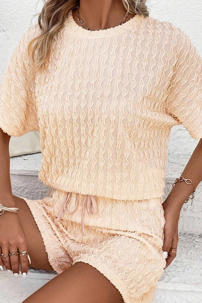 Textured Round Neck Top and Shorts Set.