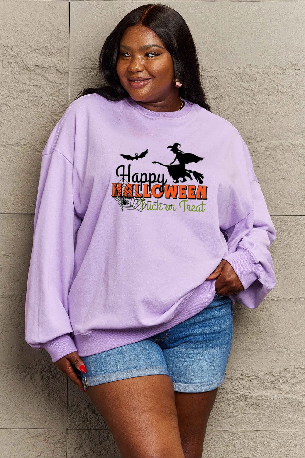 Simply Love Full Size HAPPY HALLOWEEN TRICK OR TREAT Graphic Sweatshirt.