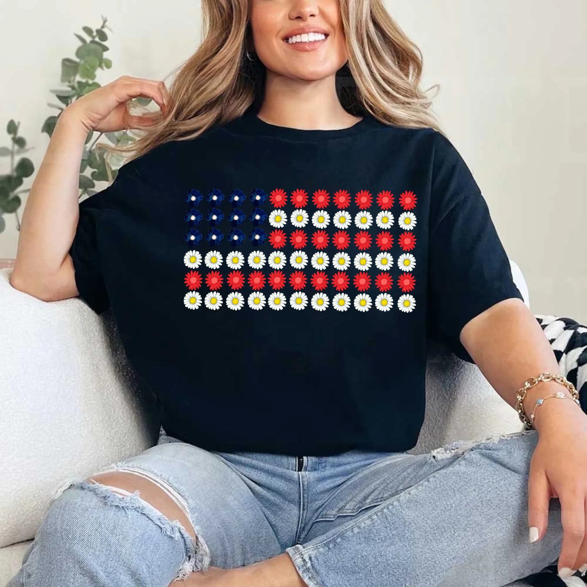 American Flag Daysies, Flowers Independence Day T-shirt - Product back view T-Shirts by Adorb.co