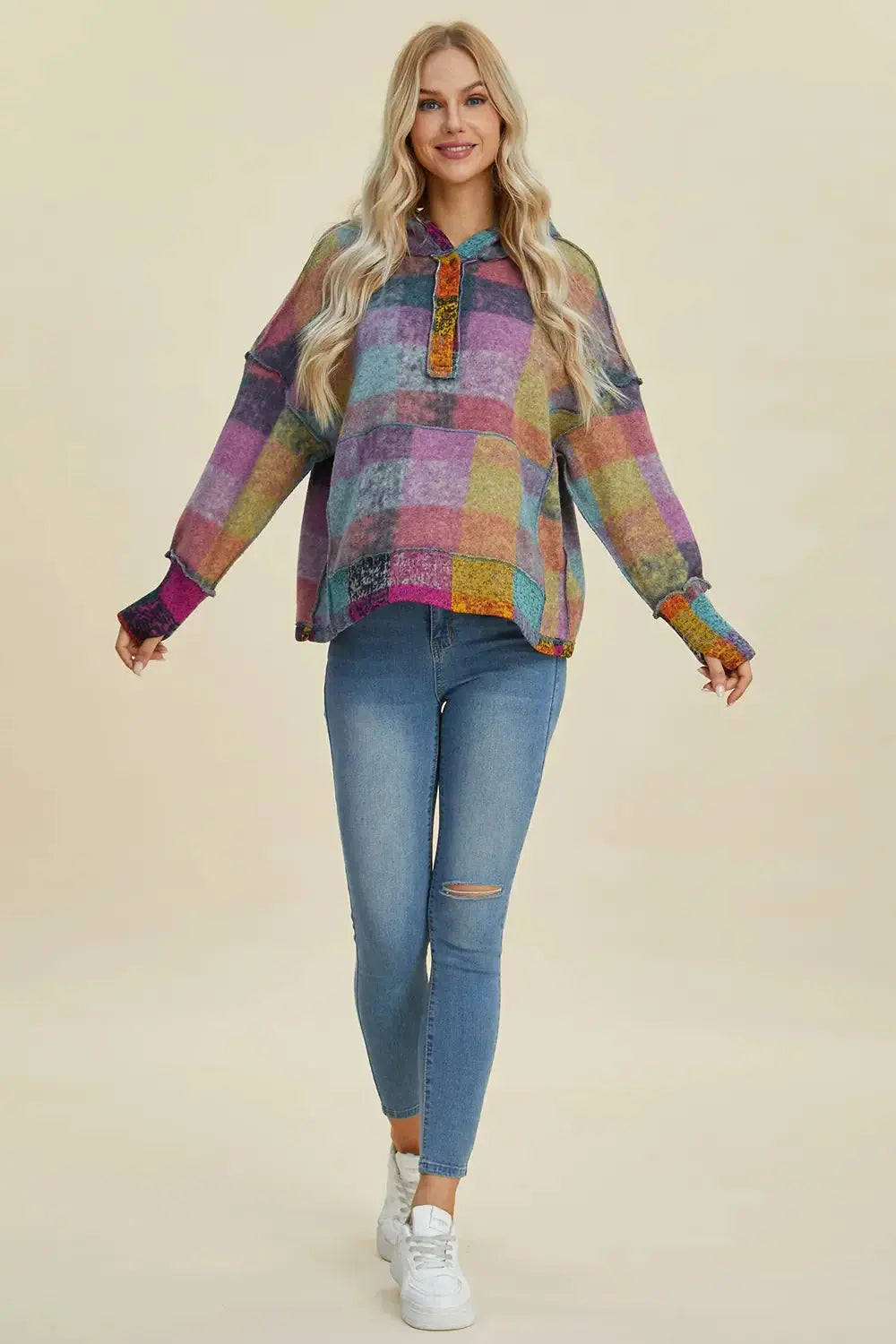 Double Take Full Size Plaid Dropped Shoulder Fleece Hoodie - Love Salve