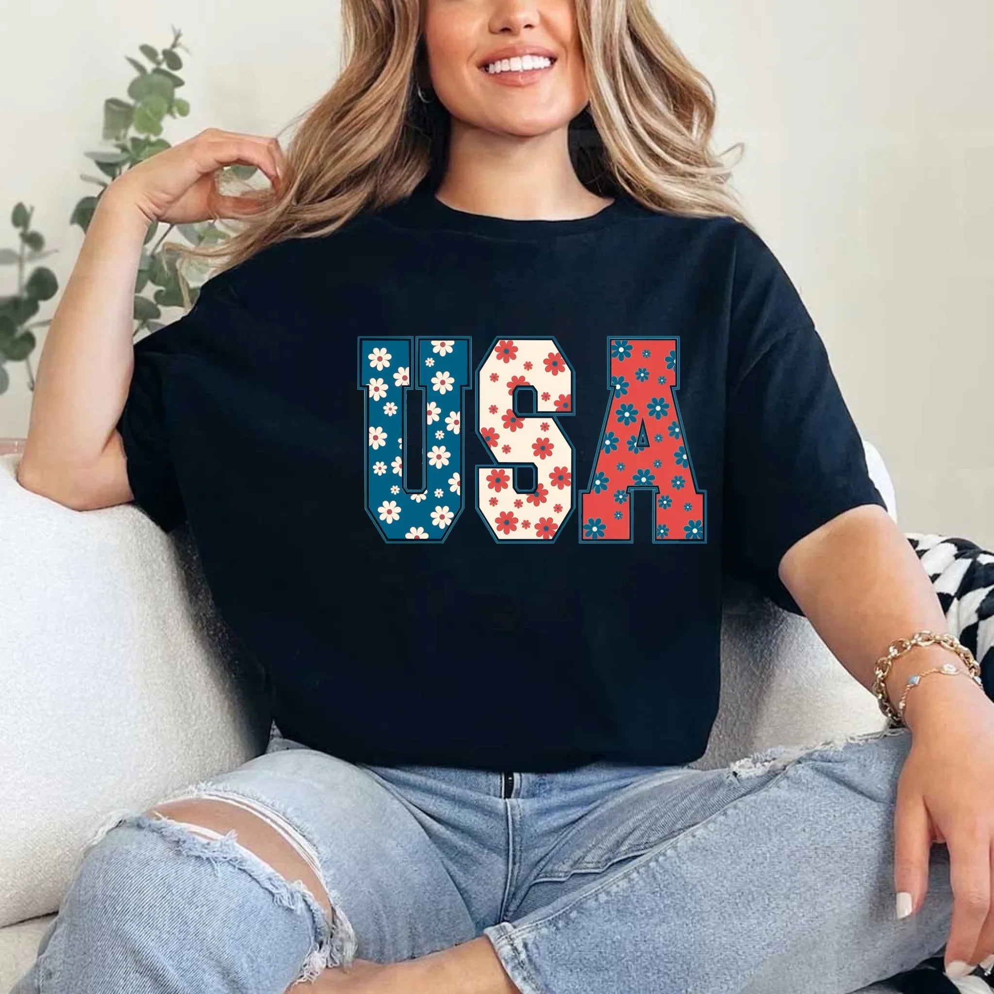 USA Floral T-Shirt - Independence Day Flowers Tees Adorb.co