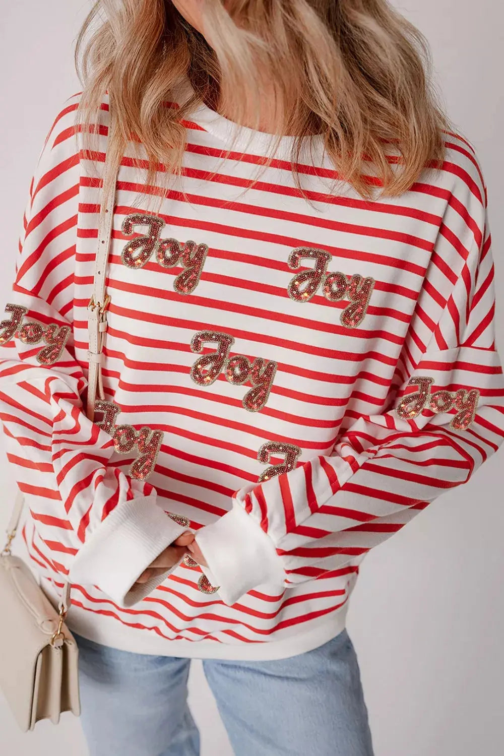 Stripe Sequined Joy Pattern Patchwork Sleeve Round Neck Sweatshirt Simply Love