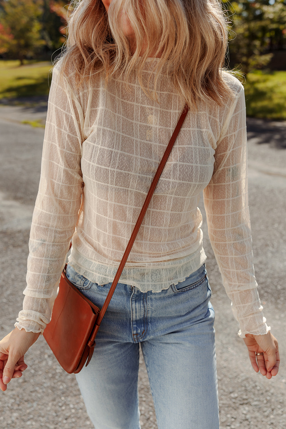 White Sheer Plaid Mesh Lettuce Trim Slim Fit Long Sleeve Top For Women Lightweight And Breezy Dear-Lover Dropshipping