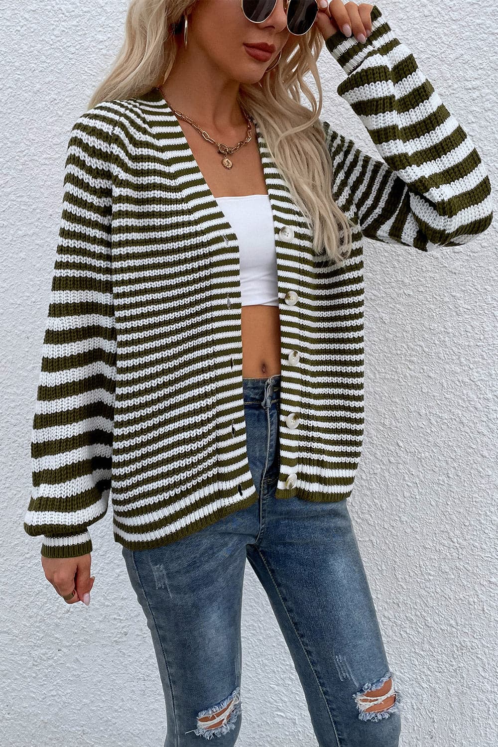 Striped V-Neck Button-Down Cardigan.