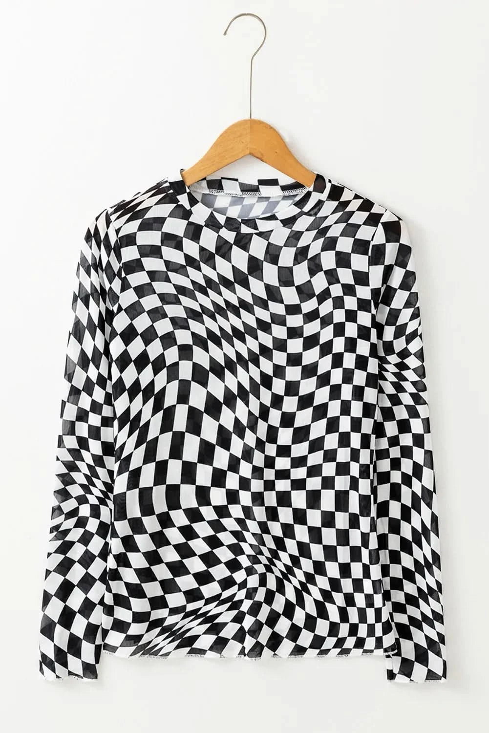 Sheer Checkered Mock Neck Blouse with Long Sleeves