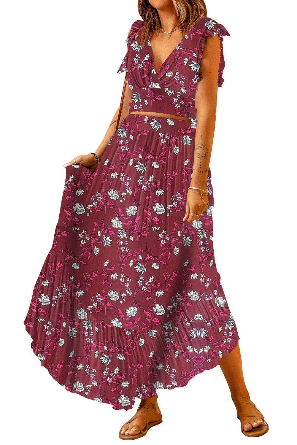 Printed Tie Back Cropped Top and Maxi Skirt Set.