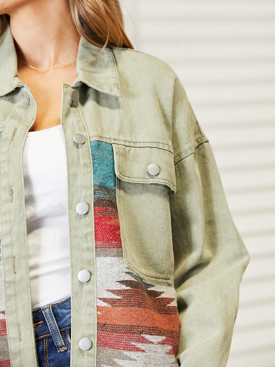 Dropped Shoulder Long Sleeve Printed Denim Jacket.