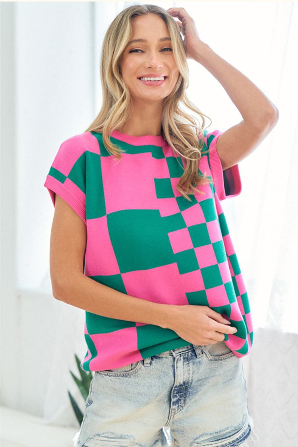 First Love Checkered Drop Shoulder Knit Top.