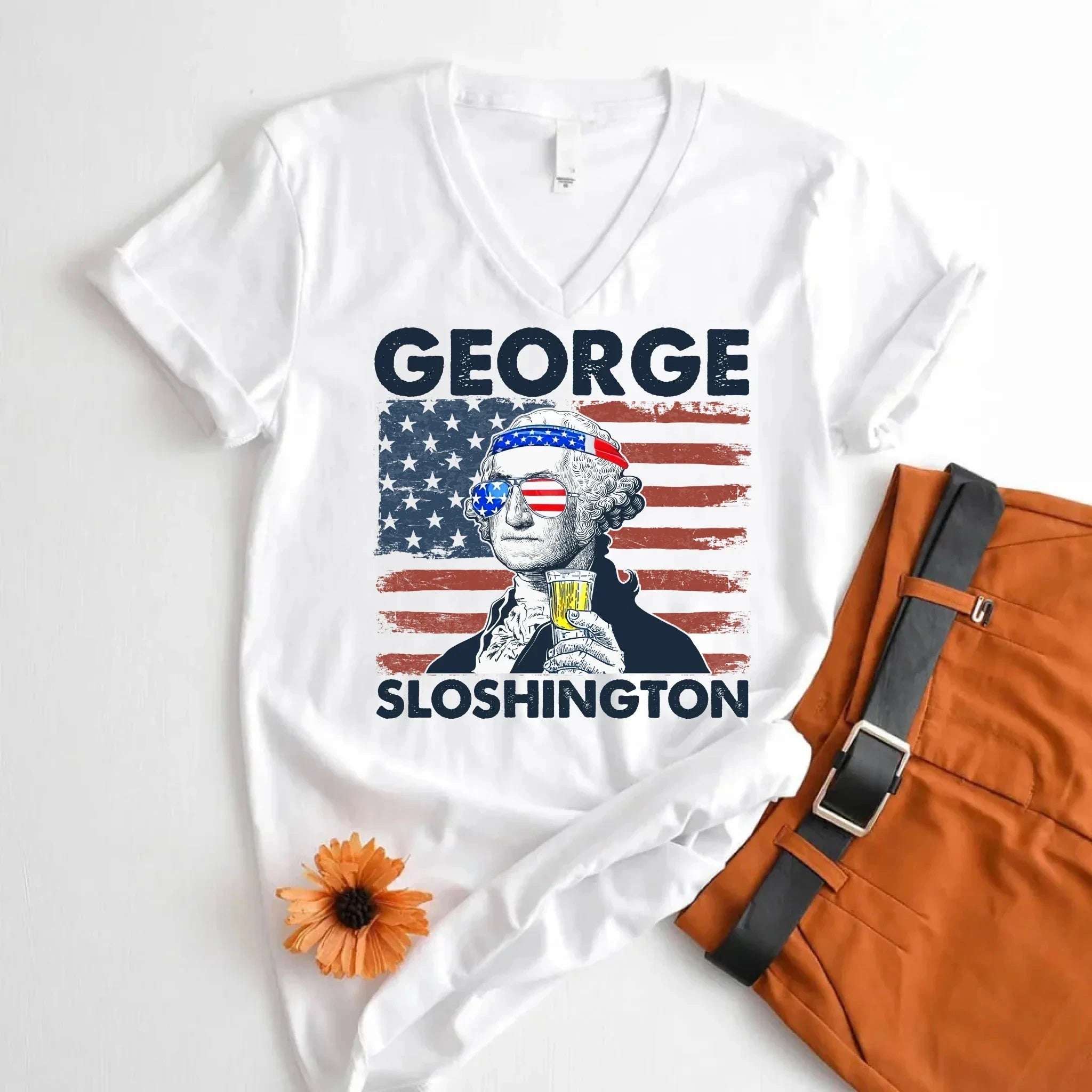 George Sloshington 4th of July Unisex V-Neck Shirt – Washington Drinking Party Tee Adorb.co