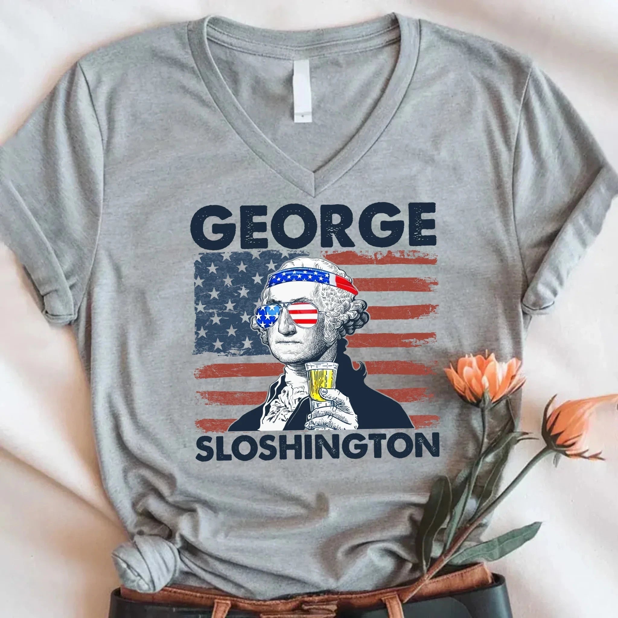 George Sloshington 4th of July Unisex V-Neck Shirt – Washington Drinking Party Tee Adorb.co