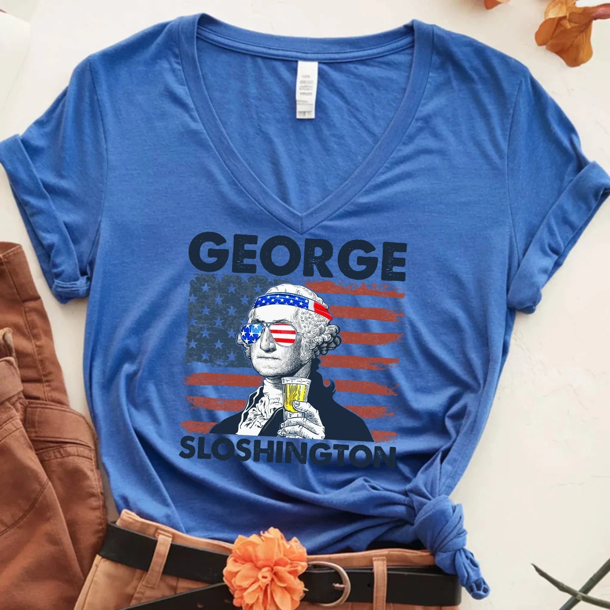 George Sloshington 4th of July Unisex V-Neck Shirt – Washington Drinking Party Tee Adorb.co