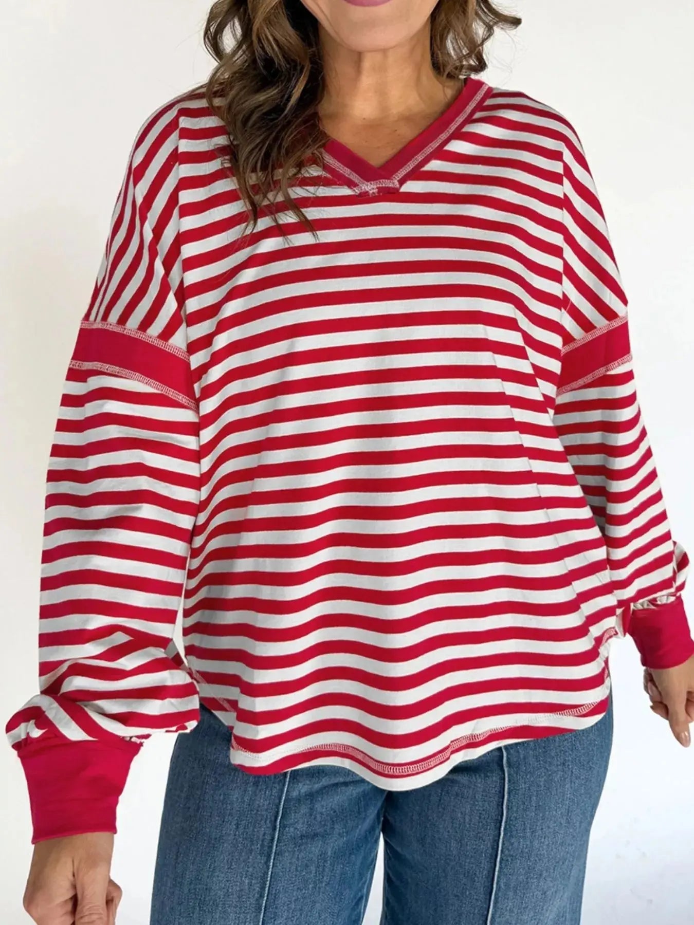 Striped V Neck Long Sleeve Sweatshirt Cotton Elastane Blend For Women Casual Top Simply Love
