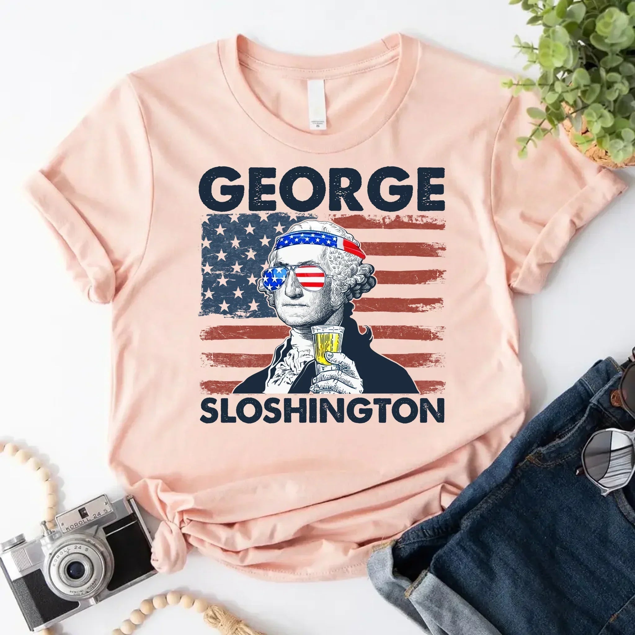 Adorb.co George Sloshington 4th of July Shirt worn by a man, ideal for a patriotic BBQ or summer gathering.