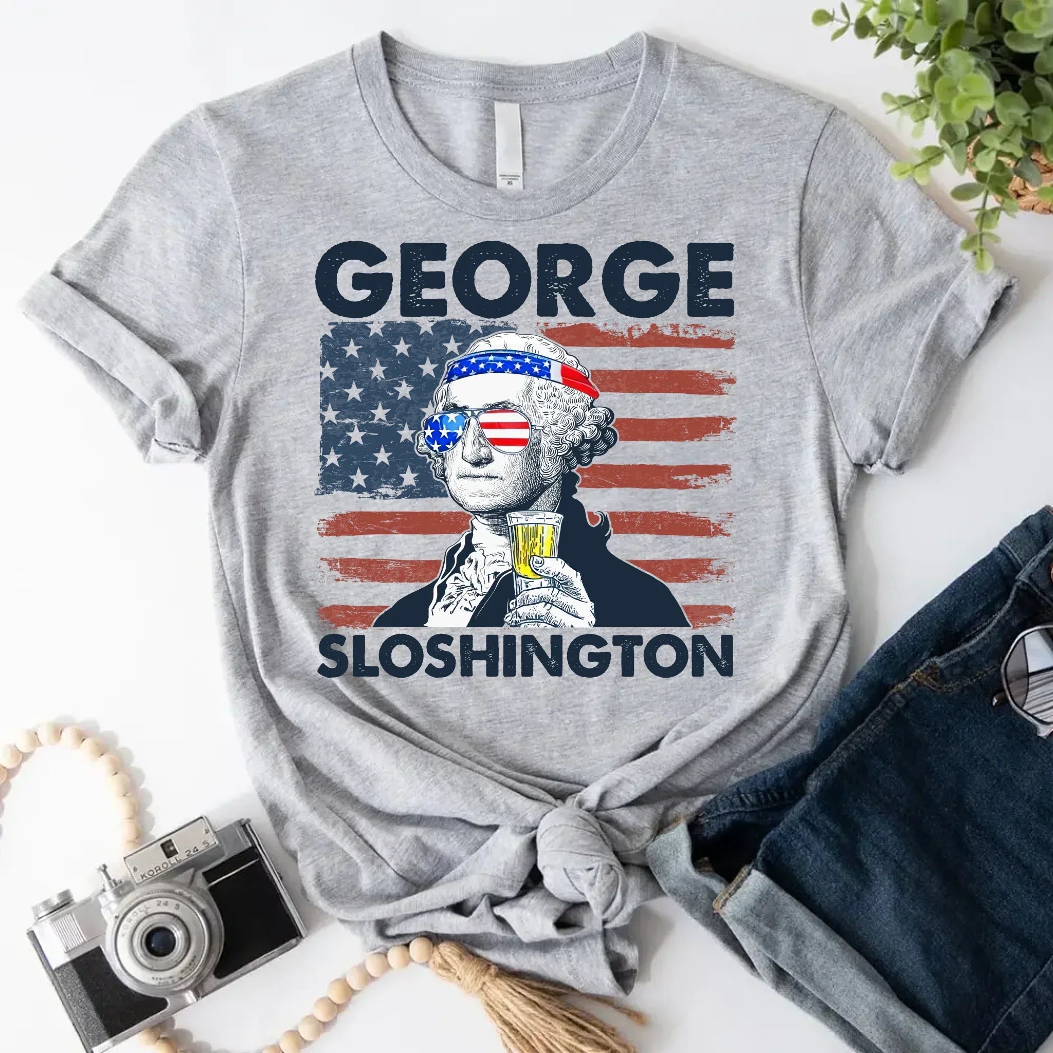 Adorb.co George Sloshington 4th of July Shirt styled casually, a versatile men's graphic tee for any celebration.