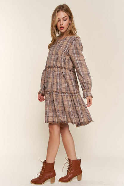 Chic and comfy tiered plaid dress with frayed edges