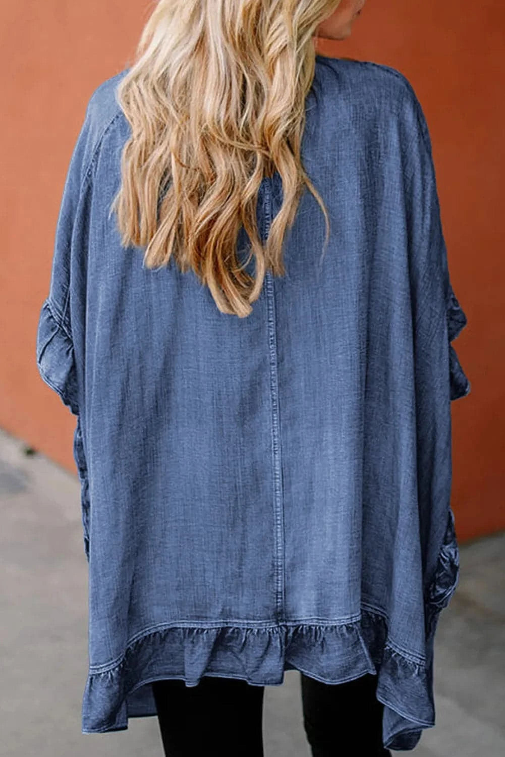 Ruffled Open Front Denim Top.