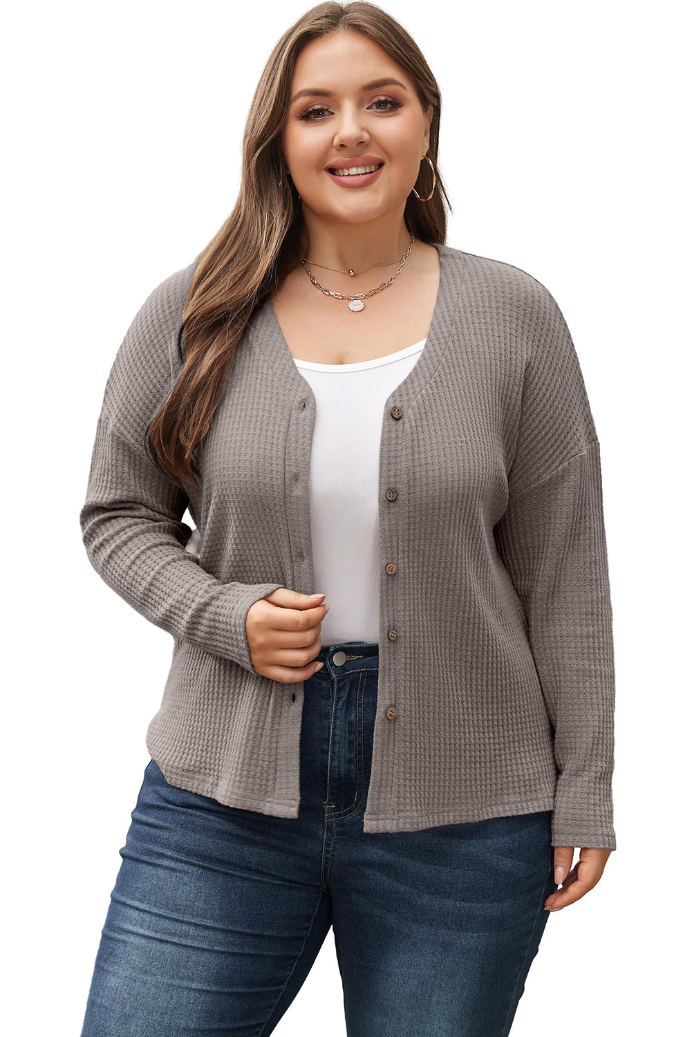 Cozy taupe waffle knit plus size V-neck top with button details