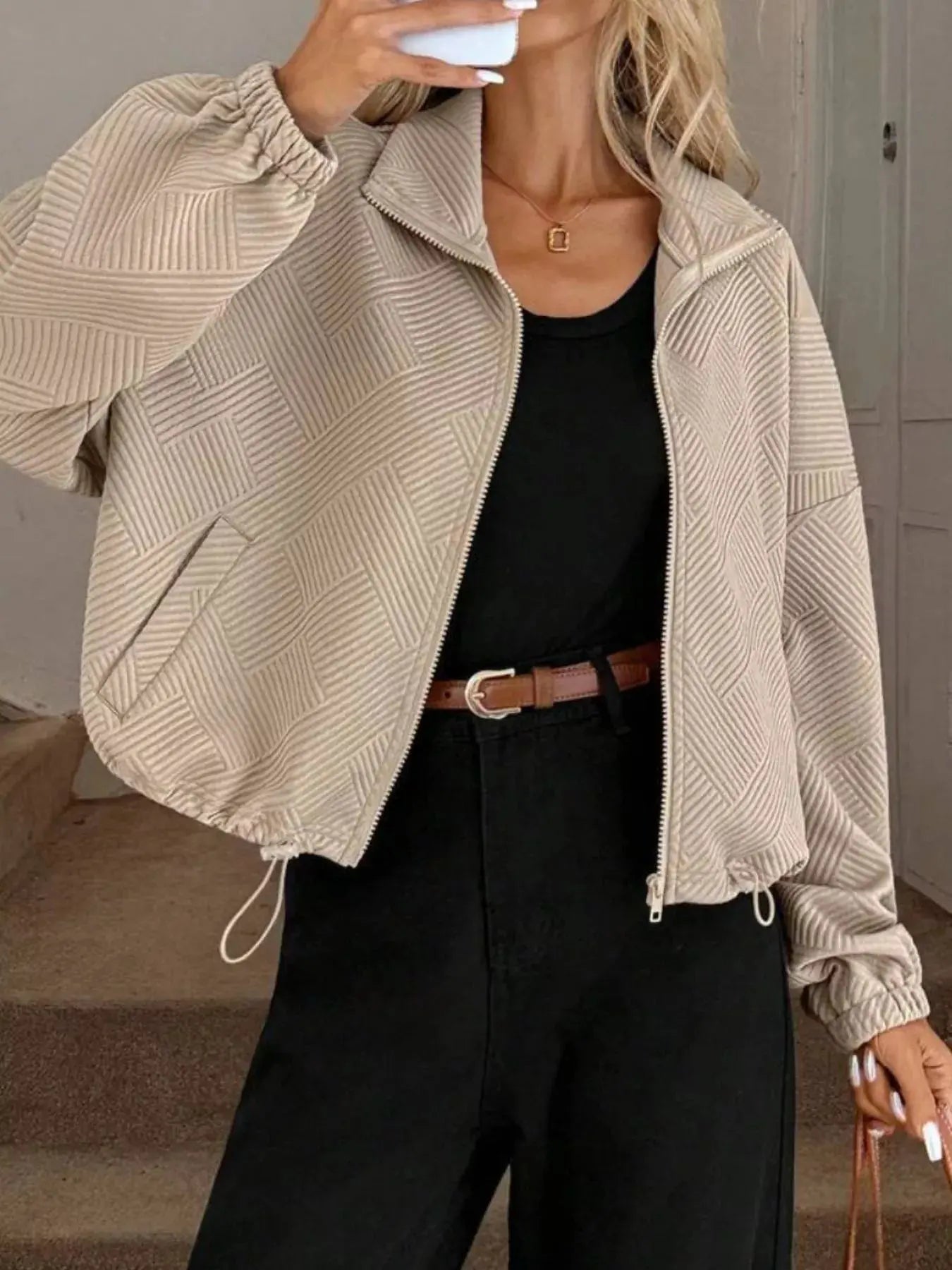 Textured Zip-Up Drawstring Hem Jacket Simply Love