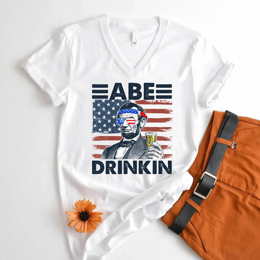 Abe Drinkin 4th of July Unisex V-Neck Shirt – Abraham Lincoln Patriotic Drinking Tee - Main product image T-Shirt by Adorb.co