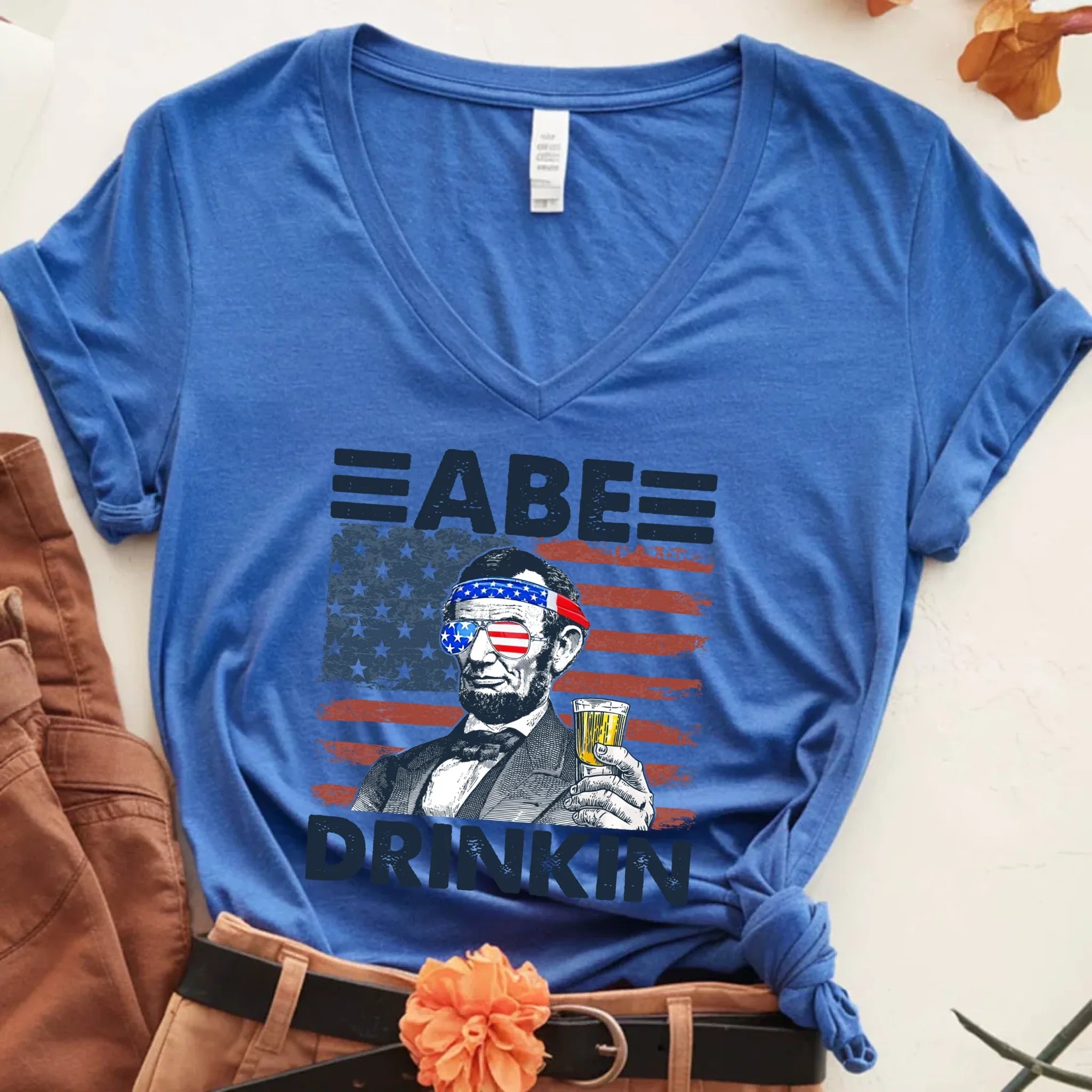 Abe Drinkin 4th of July Unisex V-Neck Shirt – Abraham Lincoln Patriotic Drinking Tee - Product side view T-Shirt by Adorb.co