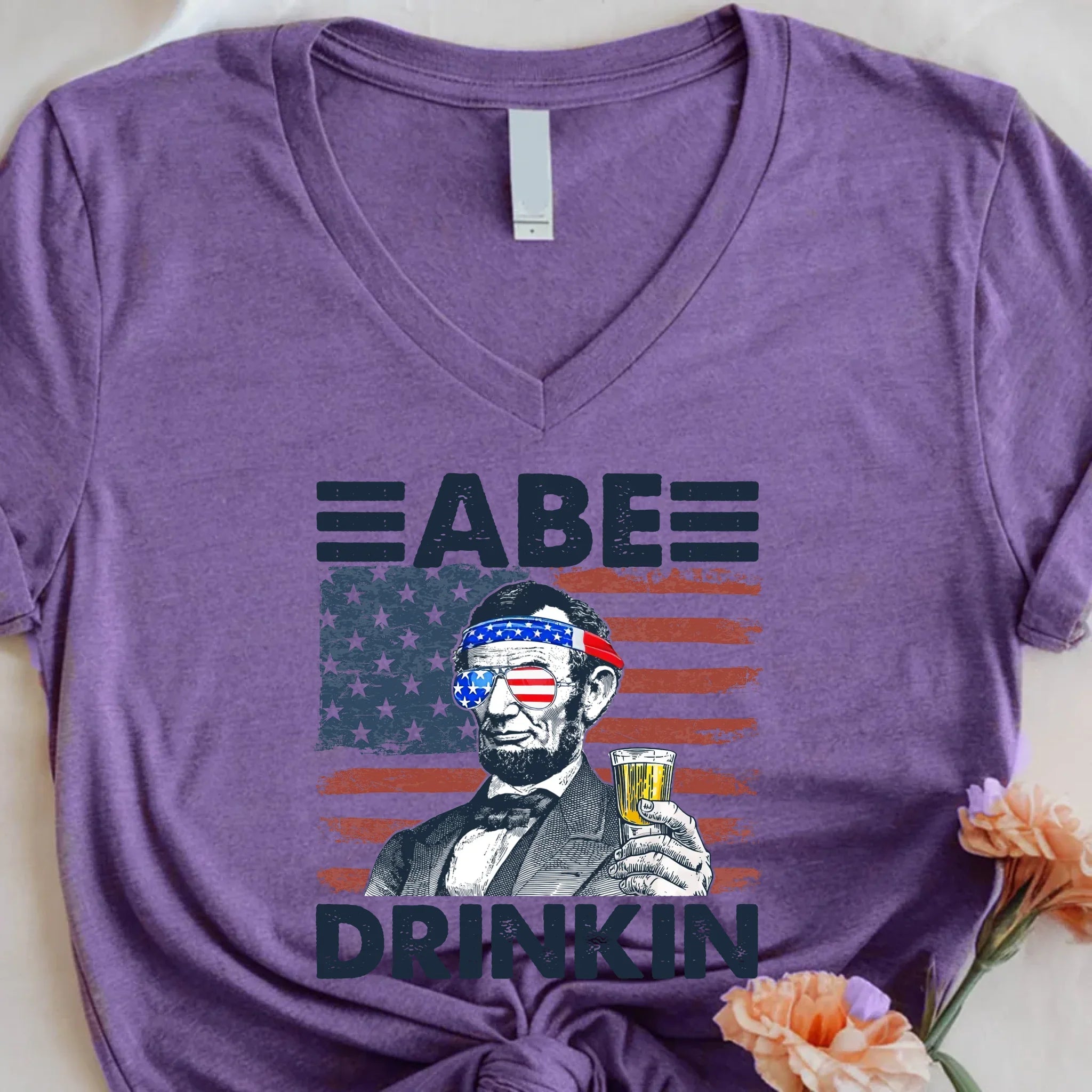 Abe Drinkin 4th of July Unisex V-Neck Shirt – Abraham Lincoln Patriotic Drinking Tee - Product back view T-Shirt by Adorb.co