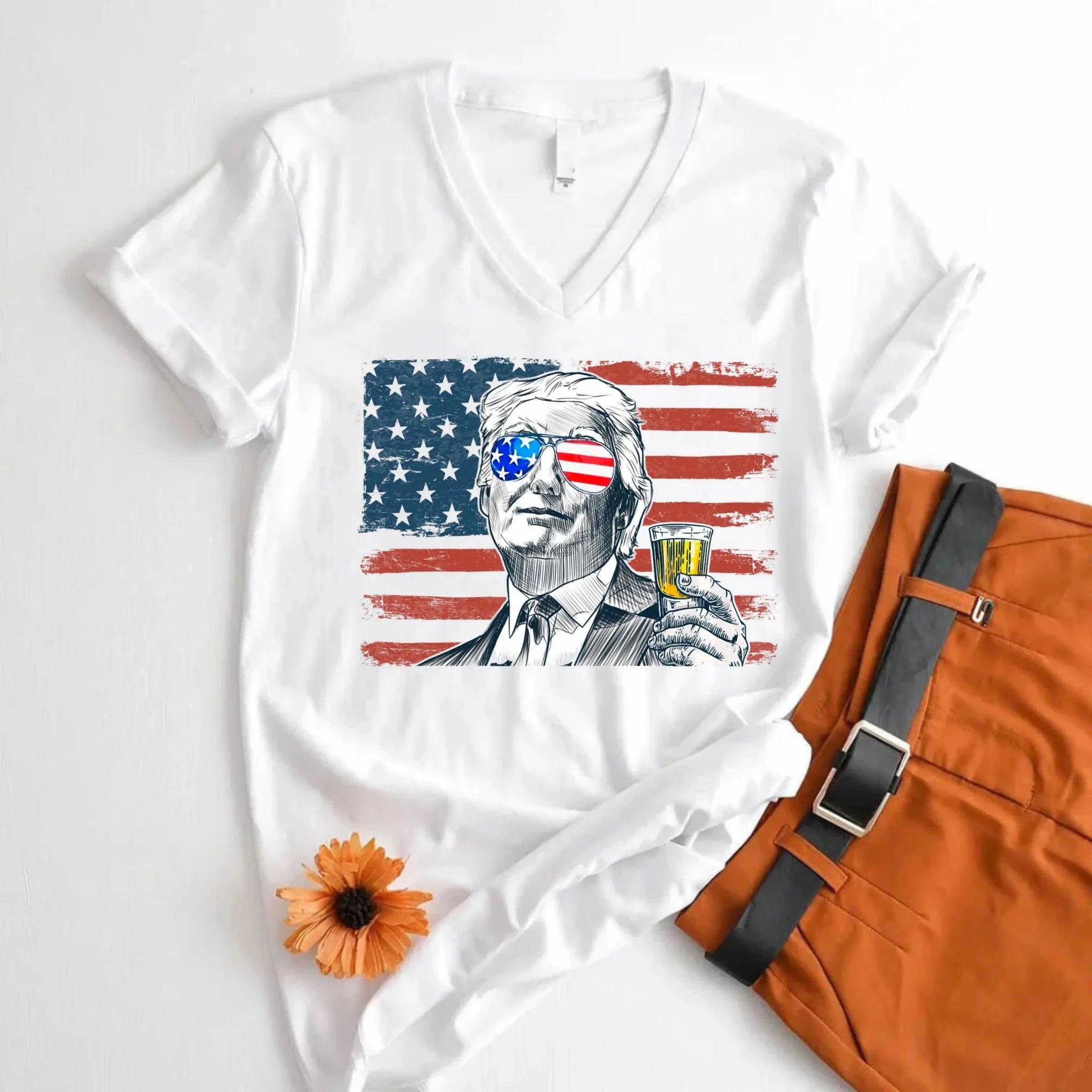 Donald Drunk 4th of July Unisex V-Neck Shirt – Funny Trump Drinking Tee Adorb.co