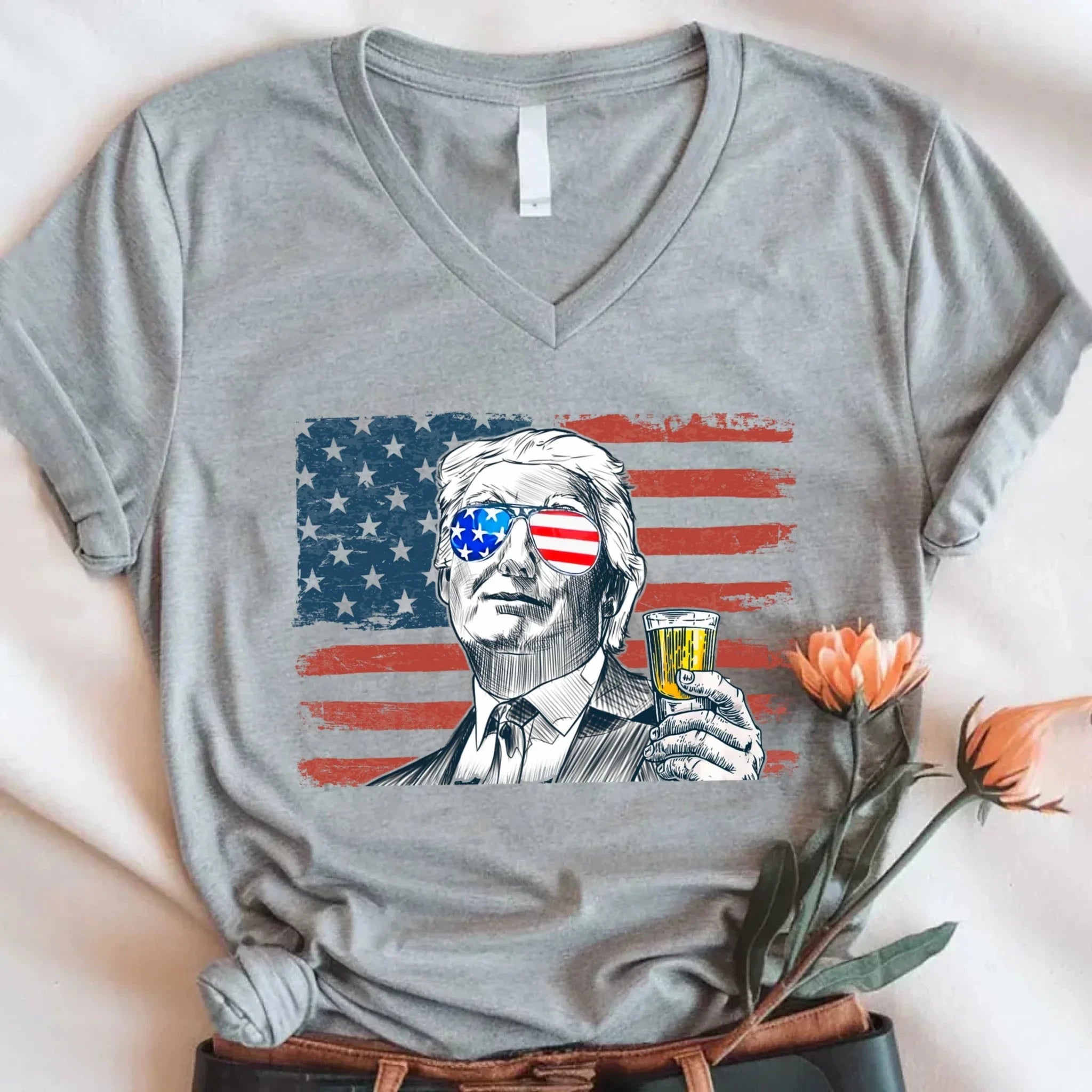 Donald Drunk 4th of July Unisex V-Neck Shirt – Funny Trump Drinking Tee Adorb.co