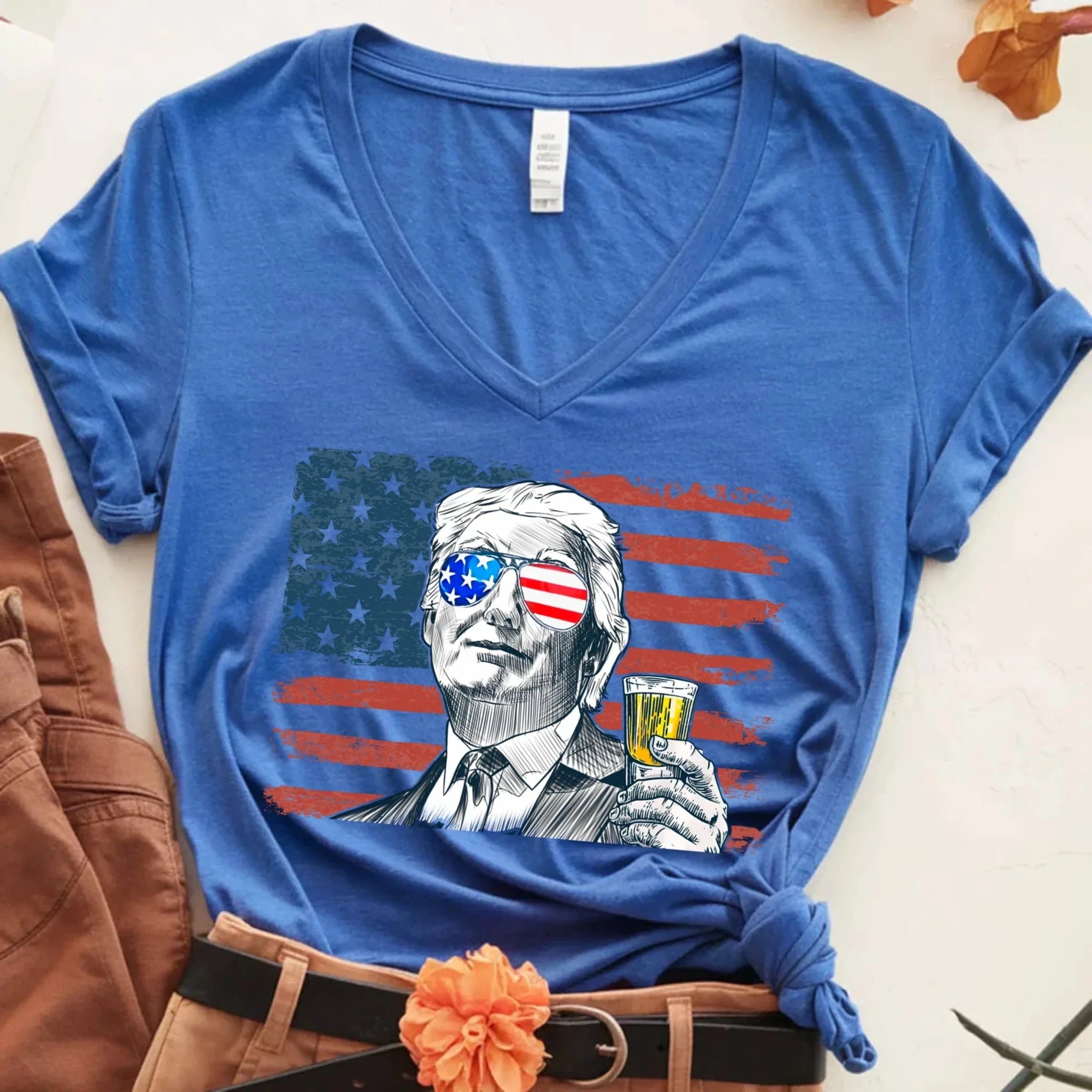 Donald Drunk 4th of July Unisex V-Neck Shirt – Funny Trump Drinking Tee Adorb.co