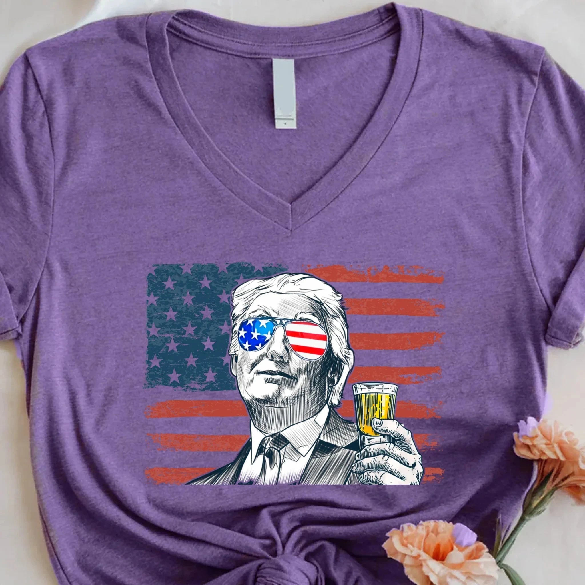 Donald Drunk 4th of July Unisex V-Neck Shirt – Funny Trump Drinking Tee Adorb.co
