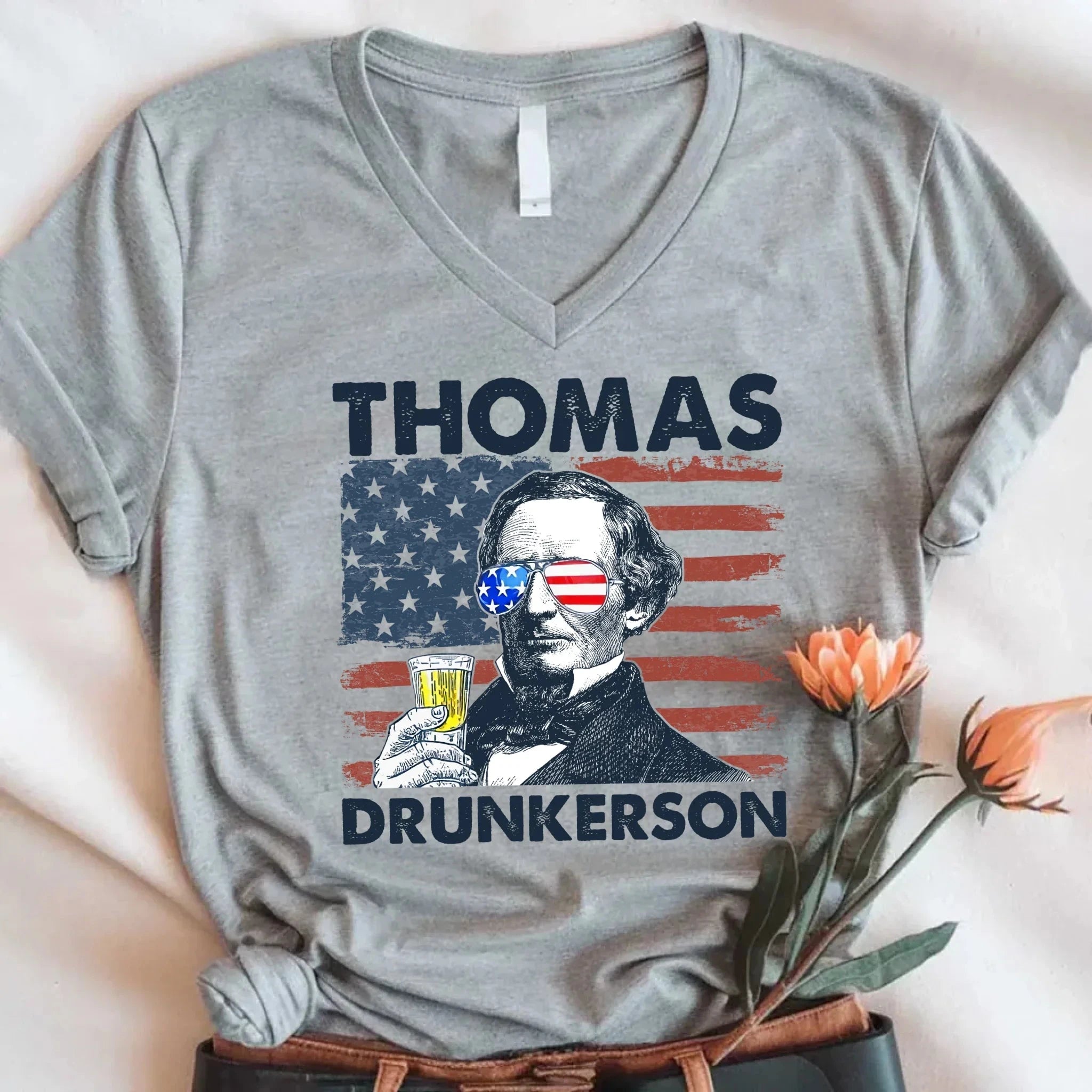 Thomas Drunkerson 4th of July Unisex V-Neck Shirt – Jefferson-Inspired Boozy Tee Adorb.co