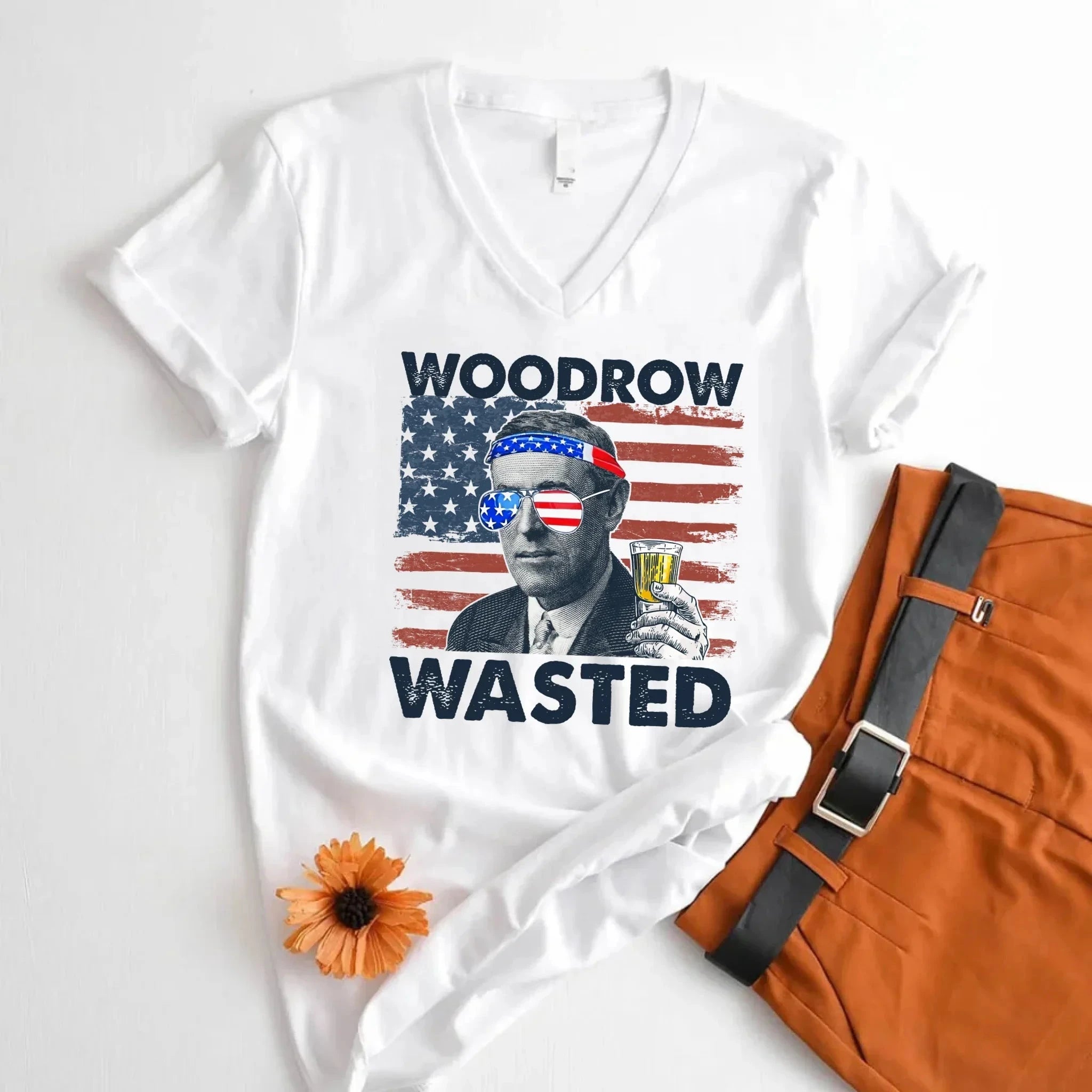 Woodrow Wasted 4th of July Unisex V-Neck Shirt – Wilson Patriotic Drinking T-Shirt Adorb.co