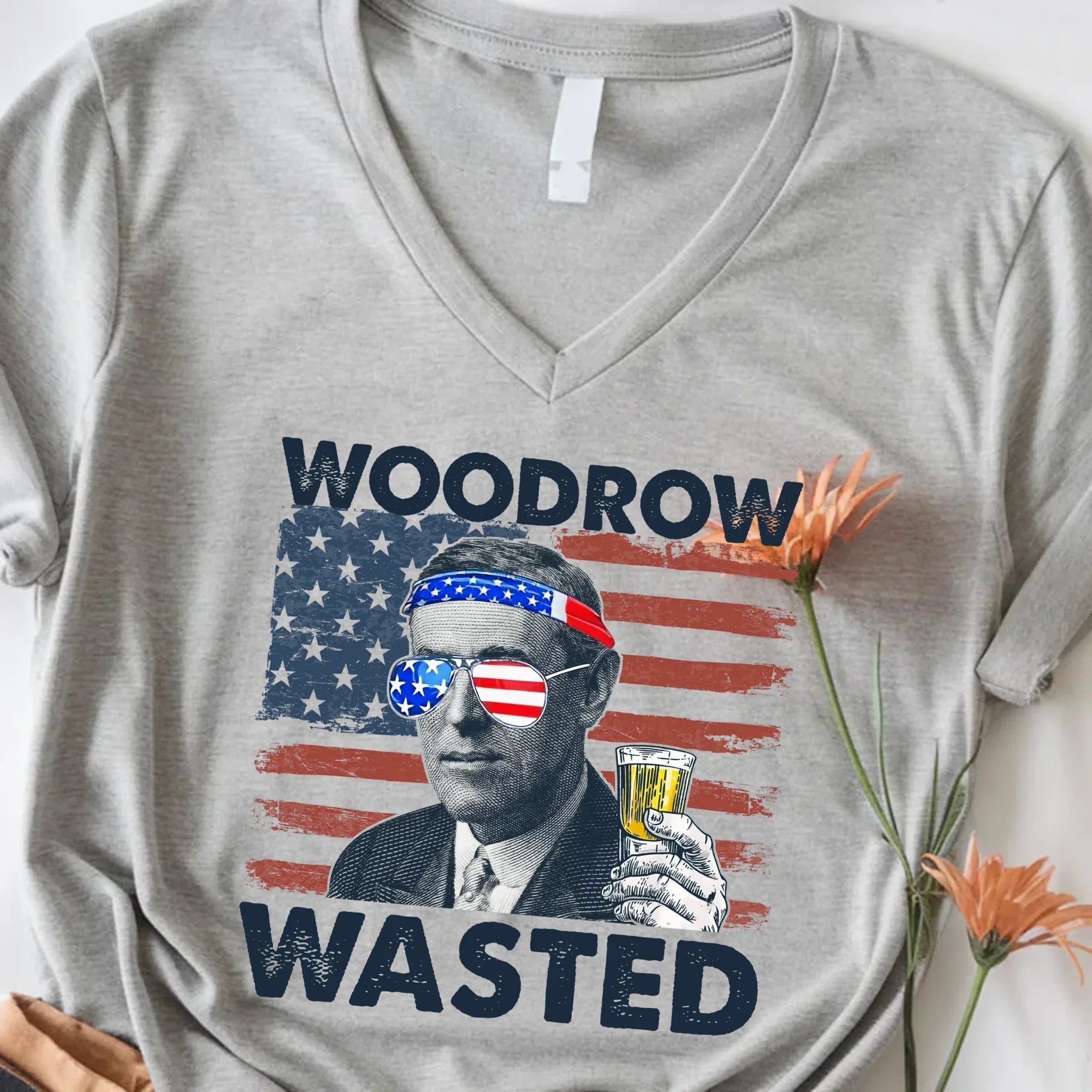 The Adorb.co Woodrow Wasted patriotic drinking shirt shown on a model to highlight the comfortable unisex v-neck fit.