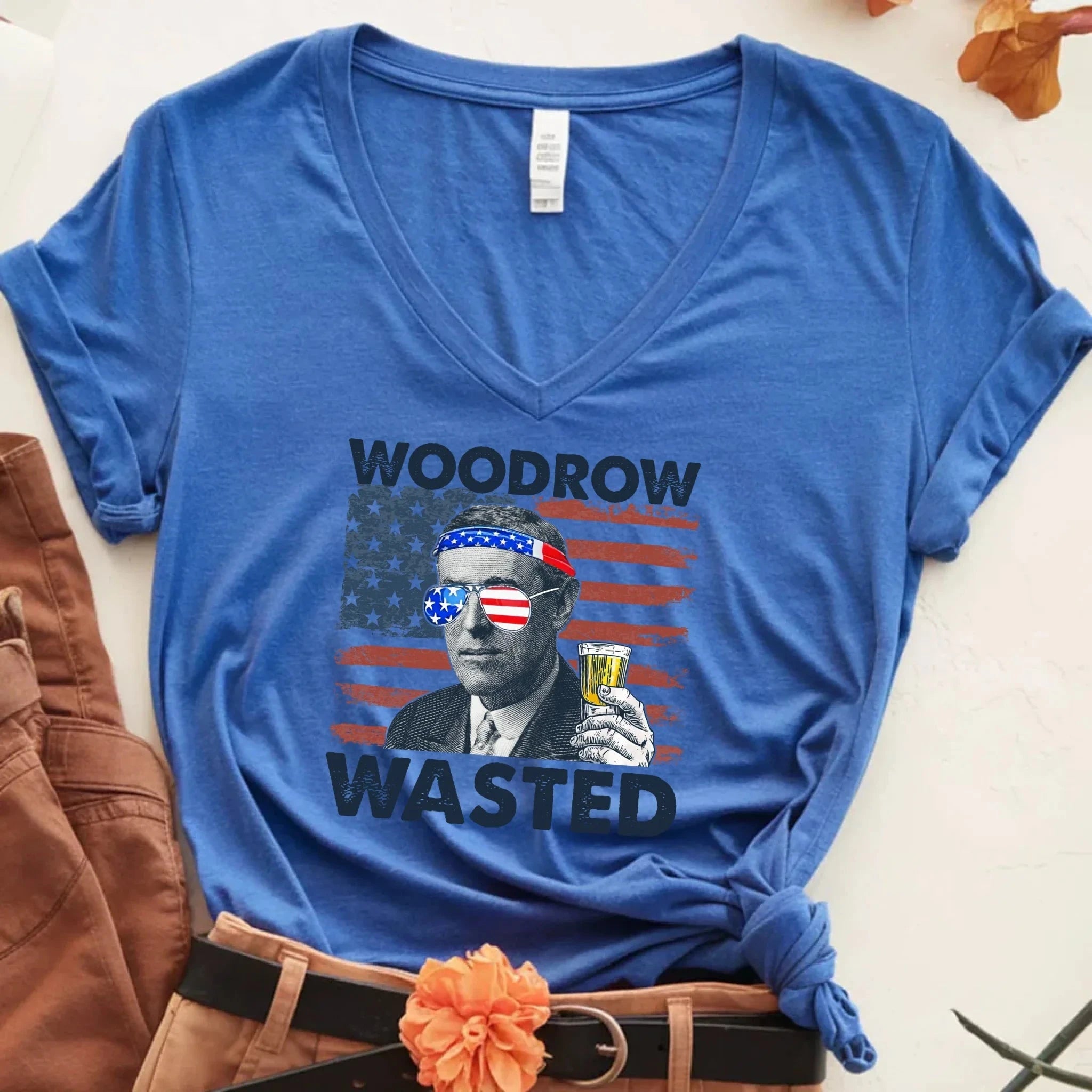 Woodrow Wasted 4th of July Unisex V-Neck Shirt – Wilson Patriotic Drinking T-Shirt Adorb.co